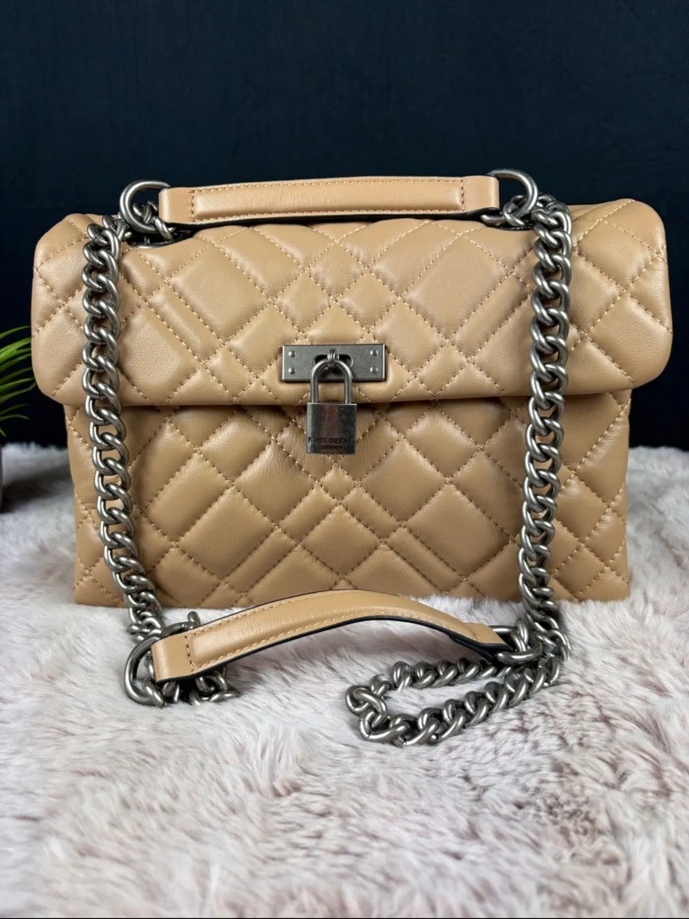 Kurt Geiger London Brixton Diamond Quilted Leather Camel Tan Antiqued Hardware